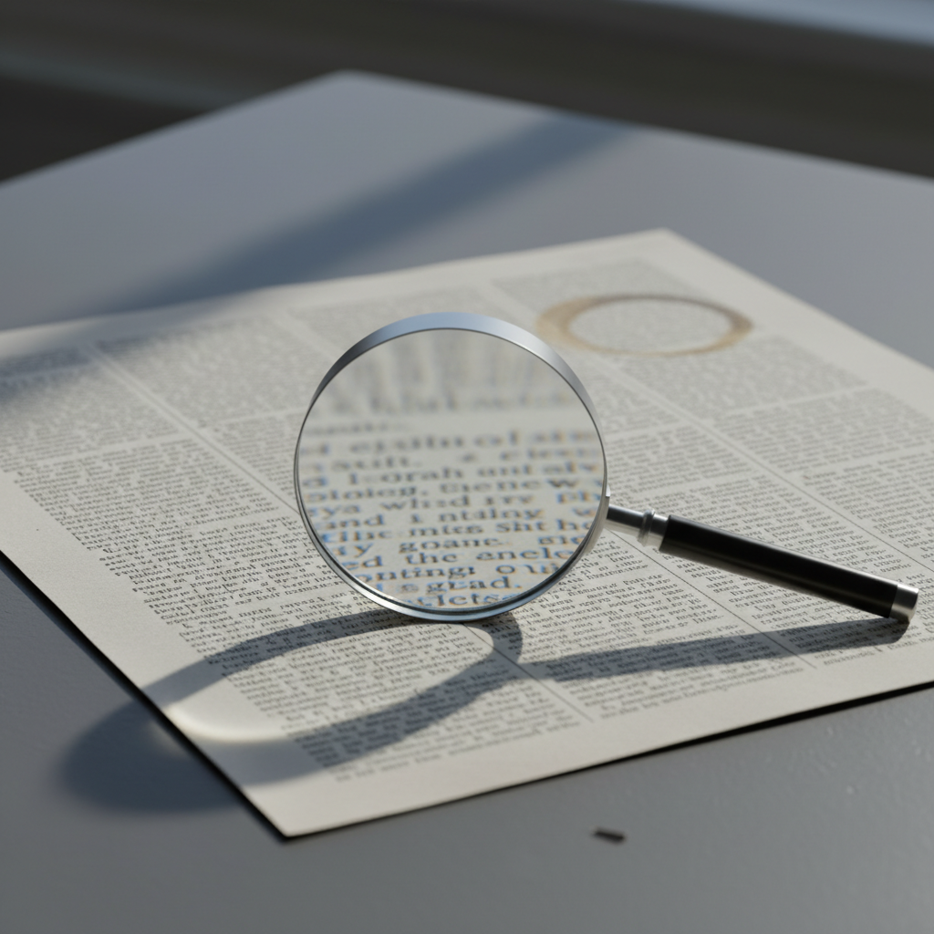 A close-up of a single magnifying glass laid atop a spread of printed news articles, their columns and tiny serif type slightly out of focus. Under the circular glass, one paragraph becomes crisply legible while the rest dissolves into a soft blur, symbolizing deeper scrutiny. The pages are slightly wrinkled, with faint coffee rings at the corner, on a matte slate-gray table. Cool, diffused morning light from an unseen window casts delicate, elongated shadows and a gentle glow on the glass rim. Captured from a slightly elevated angle, with strong emphasis on shallow depth of field, the composition feels quiet and analytical. Photographic realism, restrained color, and minimal clutter create a sophisticated mood of reflection and careful observation in modern journalism.