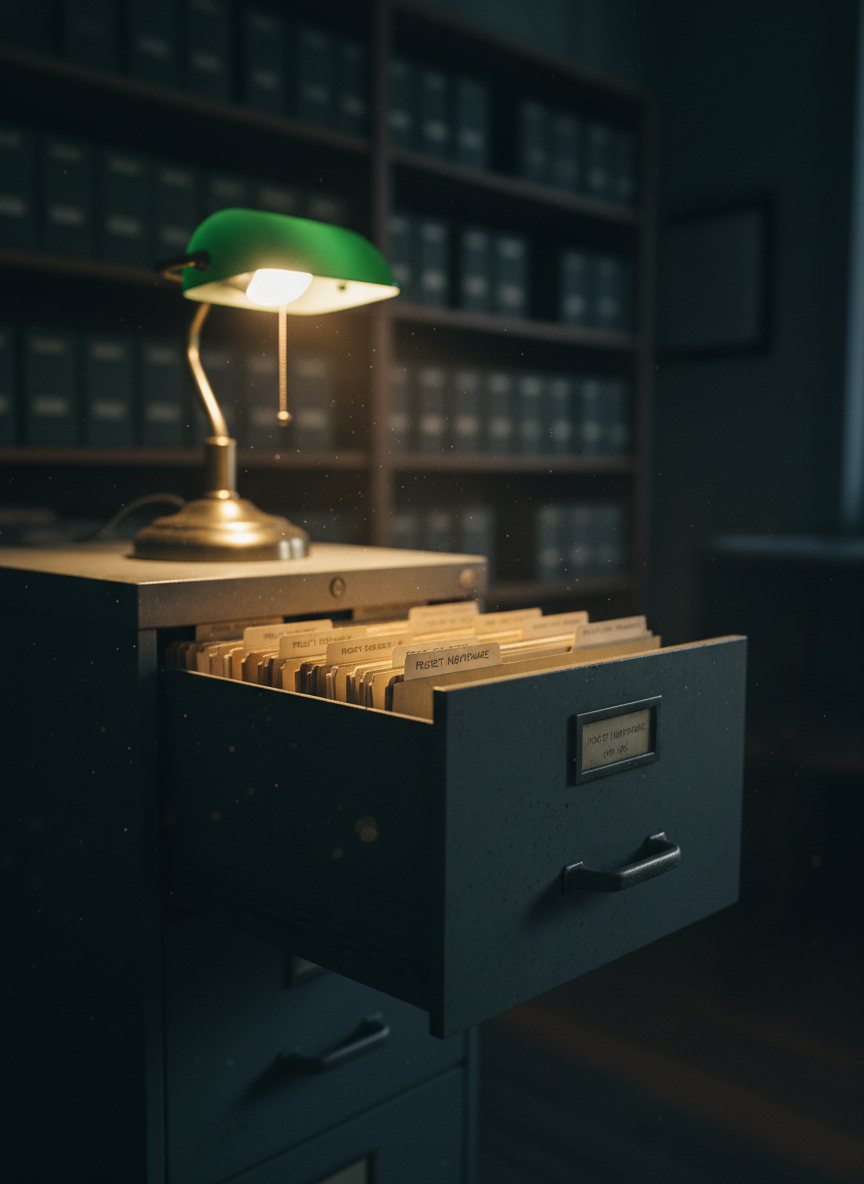 A dimly lit archive room corner in photographic realism, centered on a partially opened steel filing drawer filled with manila folders, their tab labels slightly curled with age. The camera focuses tightly on one pulled-forward folder, its edge sharply detailed while the rest recede into soft blur. On top of the cabinet, a small, green-shaded desk lamp pools warm light over the metal surface, contrasting with the cool, shadowy shelves behind. Dust motes are faintly visible in the beam, adding texture and timeworn atmosphere. Shot at a low, intimate angle using the rule of thirds, the scene feels hushed and contemplative, evoking investigative journalism that patiently sifts through forgotten records, looking beneath the surface of official stories.